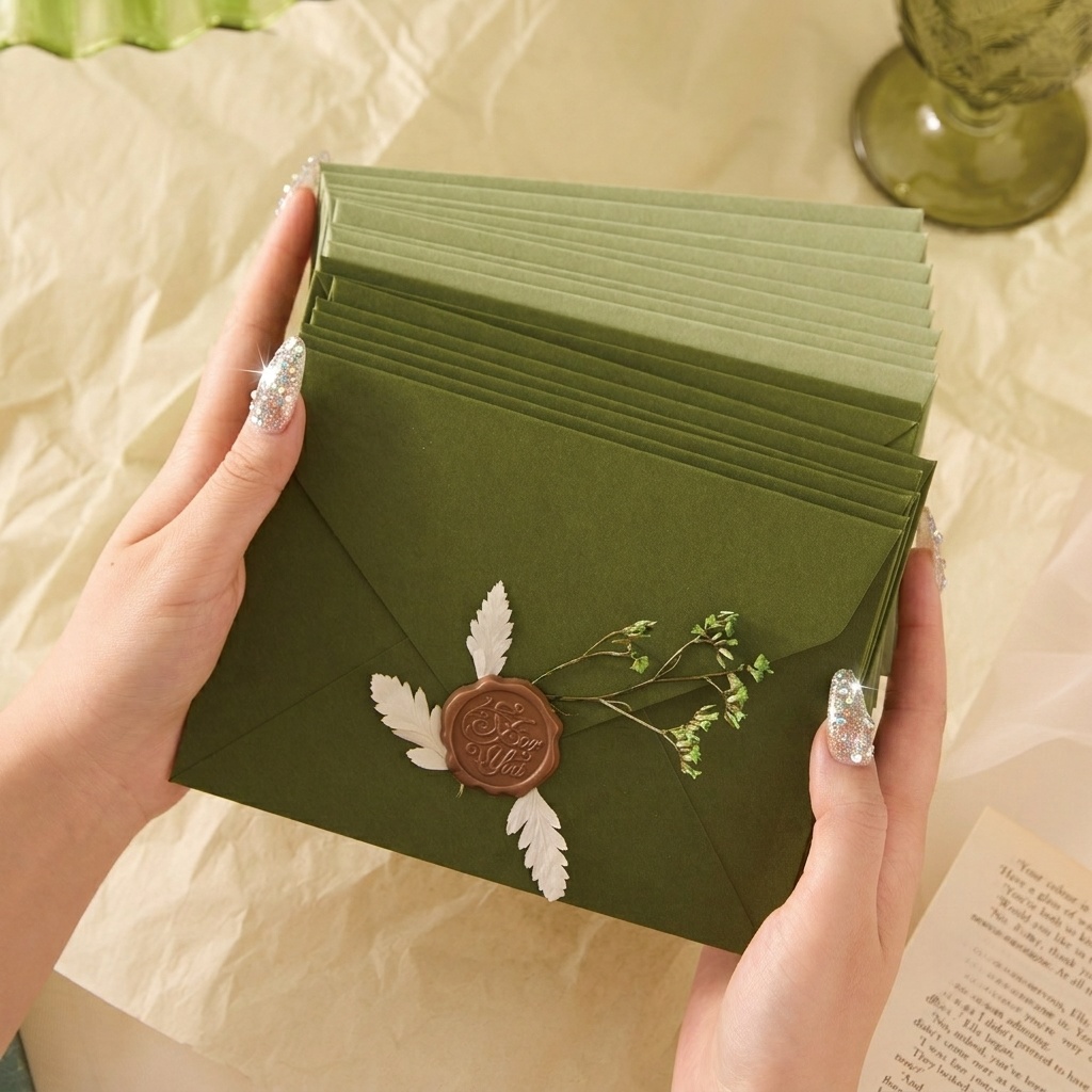 Wax Seal Letter Kit - 20/50枚 アボカド柄 ロマンチック封筒 オリーブグリーン 結婚式招待状 パーティーデコレーション