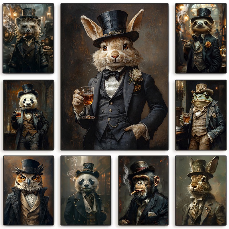 Pet Portrait Custom - ルネッサンス動物ポートレートキャンバスプリント ヴィクトリア朝の衣装を着た紳士パンダベア レトロ面白い動物ウォールアート ホームデコレーション Gi