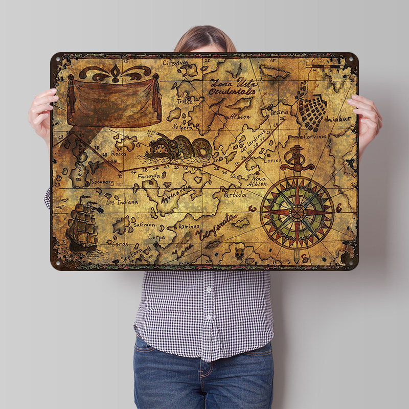 Custom Map Poster - ヴィンテージ世界地図プリントポスター、カスタマイズされたレトロなウォールアート、ヴィンテージメタルティンサイン、ホームバーアクセサリー、カスタムプレート
