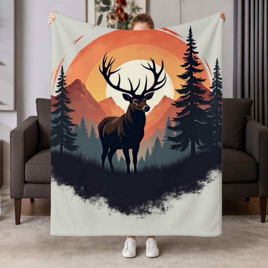 ヴィンテージ鹿と山の夕焼け柄フランネルスローブランケット - - Family Tree Print のレビューと価格
